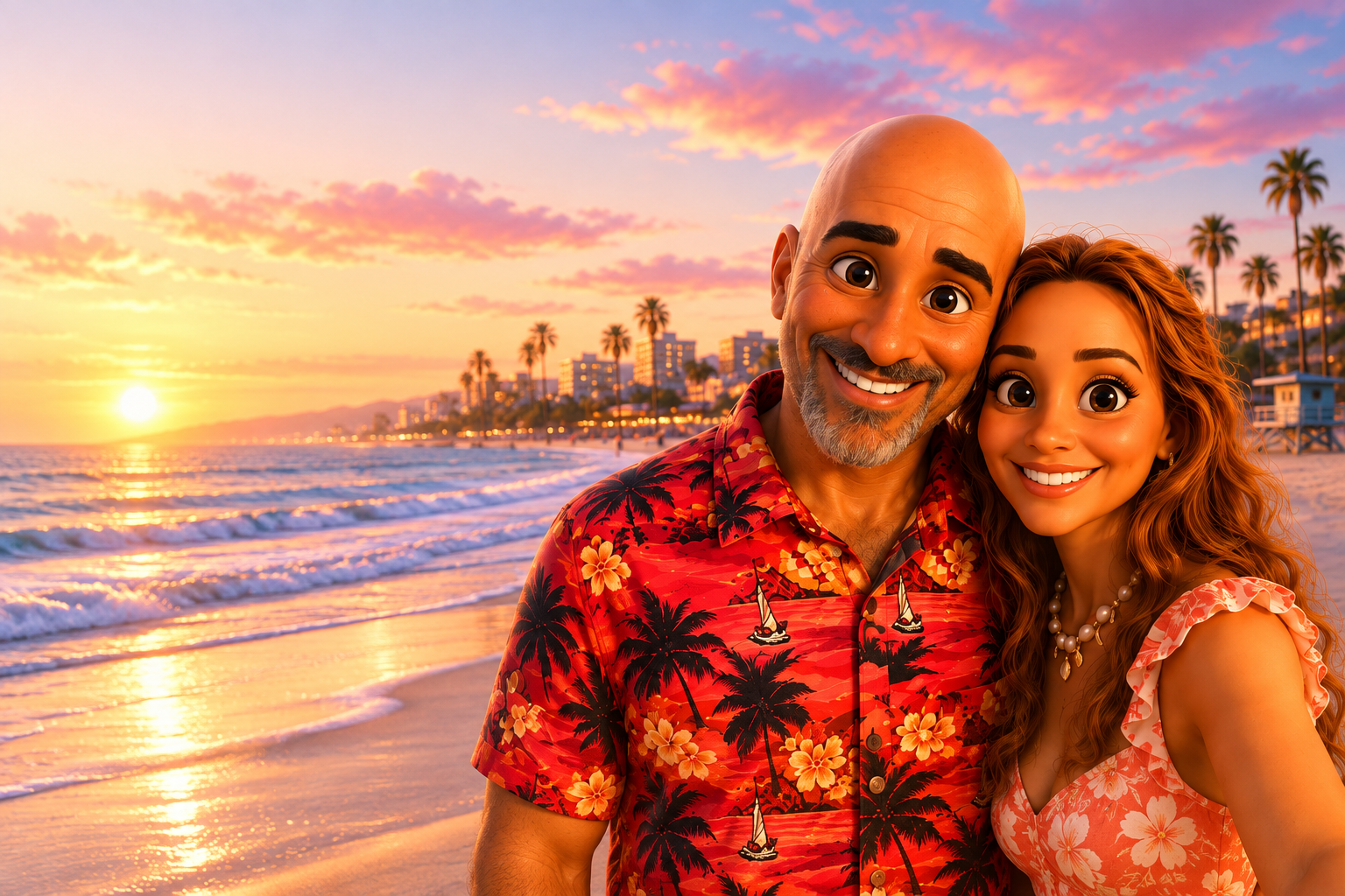 Mikki and Julia smiling together on a California beach at sunset