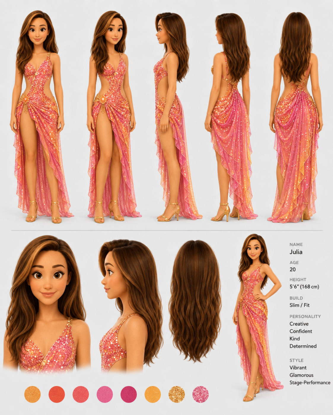 Julia with long chestnut hair and a gentle smile in her sparkling coral and gold dress